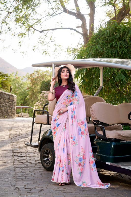 Buy Pink Colour Designer Saree Bengaluru Sleevless Blouse