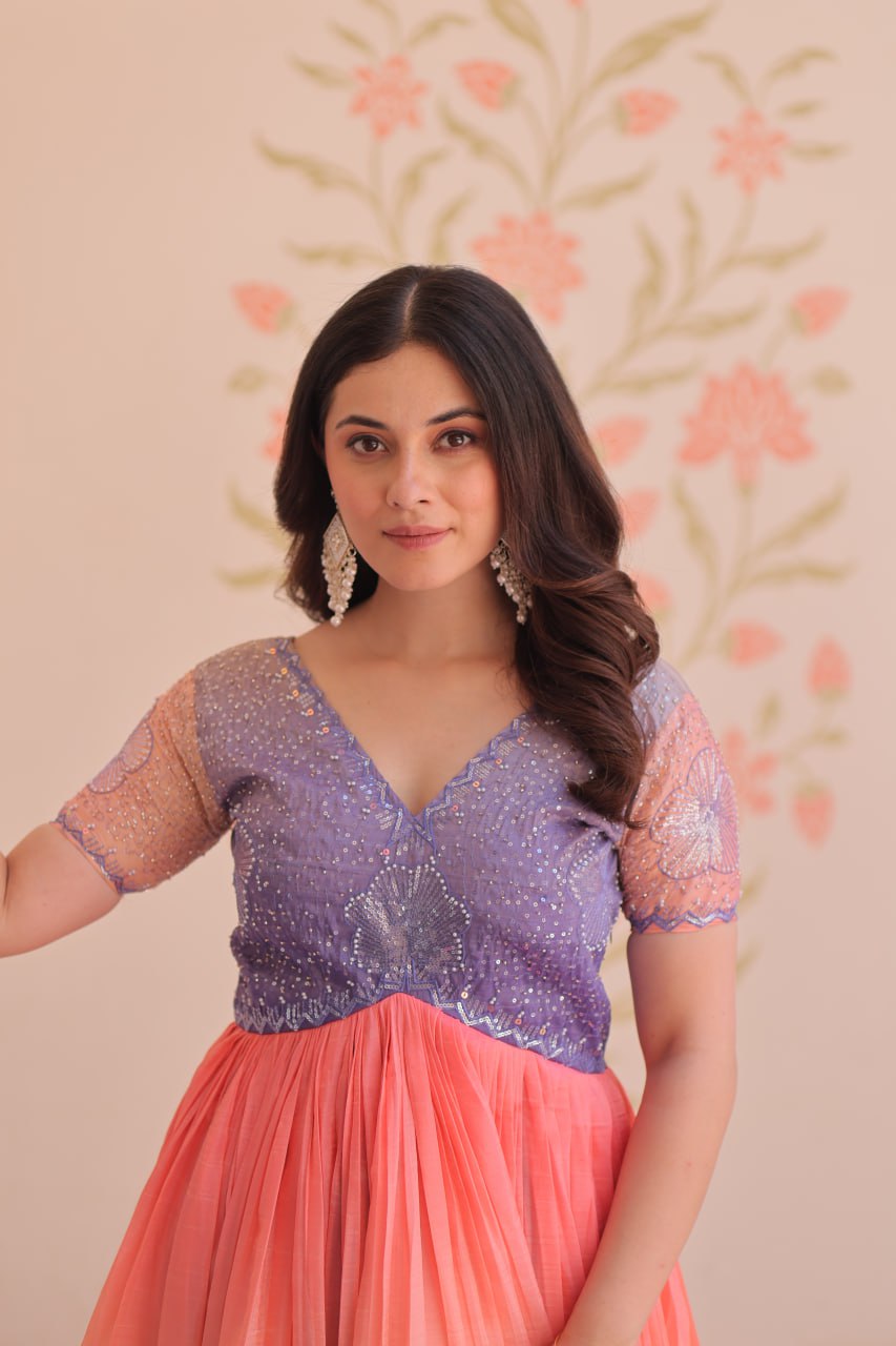 Elegant Ombre Anarkali Gown with Sequin Pink Bodice and Multicolor Flowing Skirt