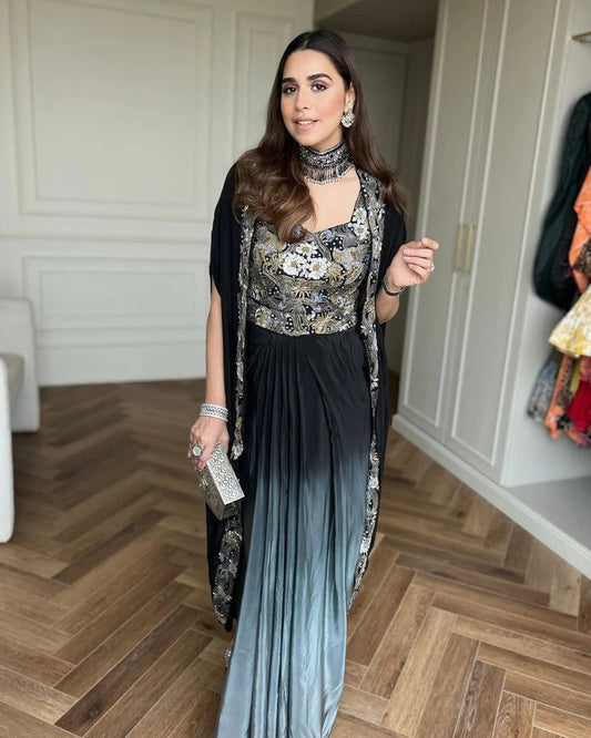 Black Ombre Draped Dhoti Skirt Set 
