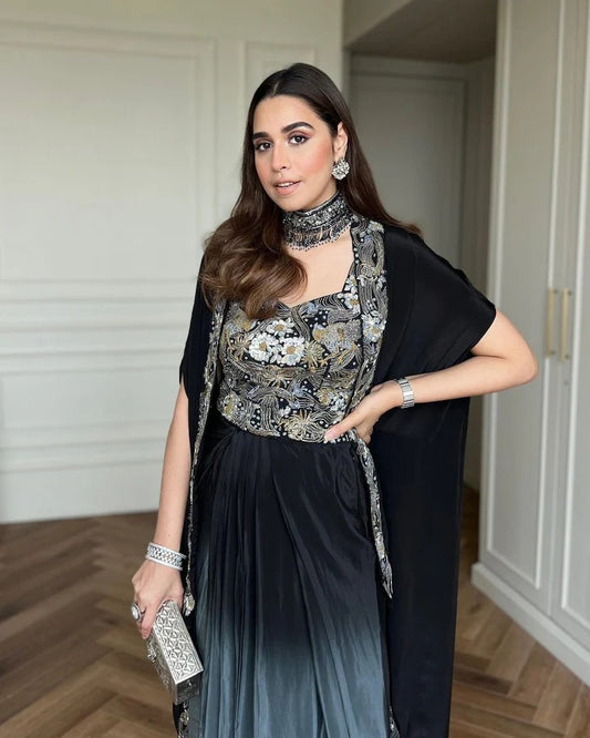 Black Ombre Draped Dhoti Skirt Set India