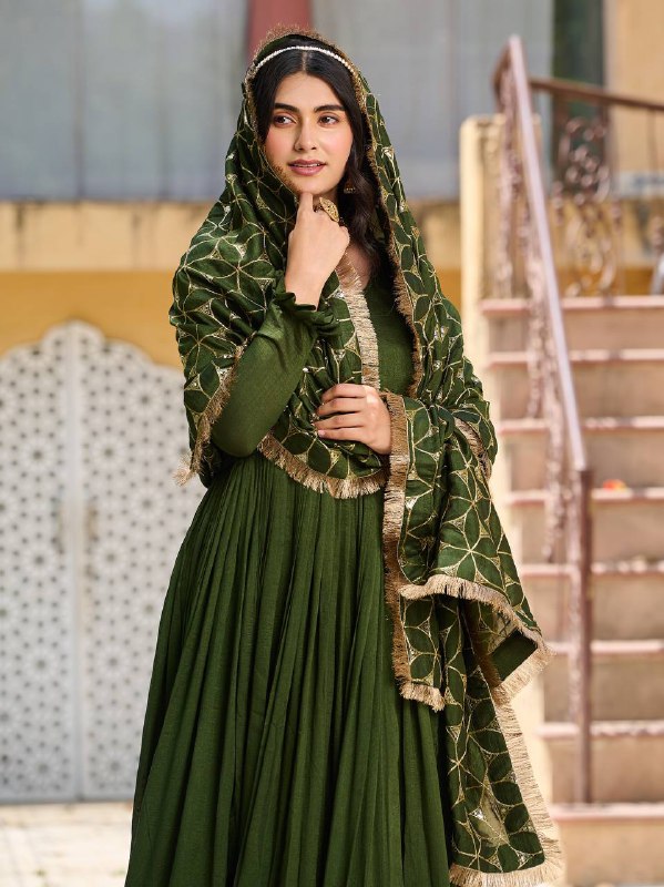 Festive Green Flared Anarkali Gown with Zari Embroidery"