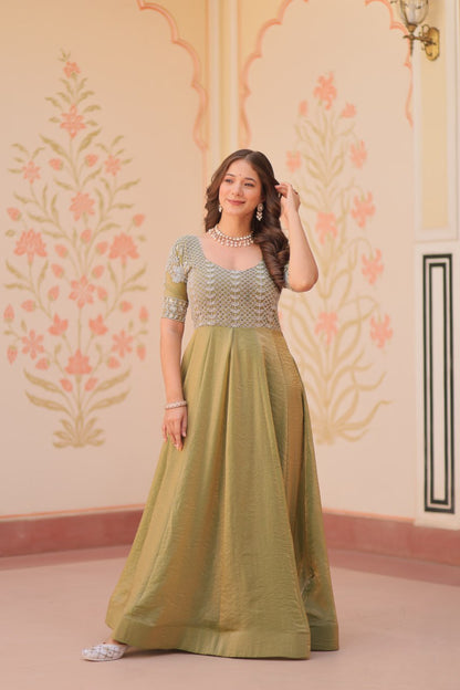 Sage Green Embroidered Anarkali Gown with Silver Threadwork Bodice