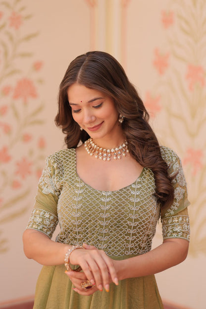 Sage Green Embroidered Anarkali Gown with Silver Threadwork Bodice