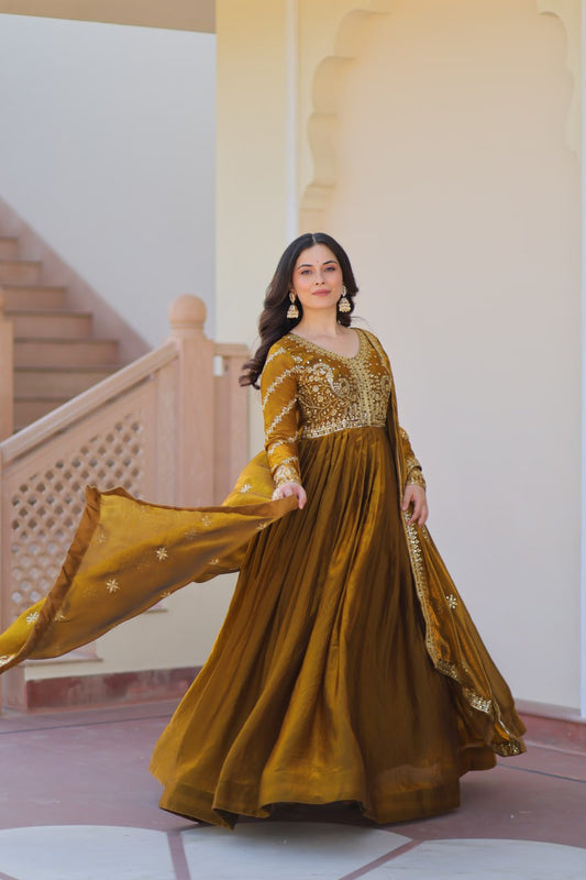 Olive Green Hand-Embroidered Anarkali Set with Mirror Work Dupatta