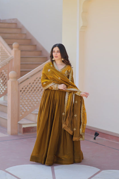 Olive Green Hand-Embroidered Anarkali Set with Mirror Work Dupatta