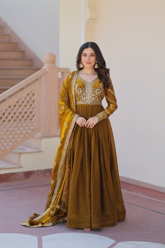Olive Green Hand-Embroidered Anarkali Set with Mirror Work Dupatta