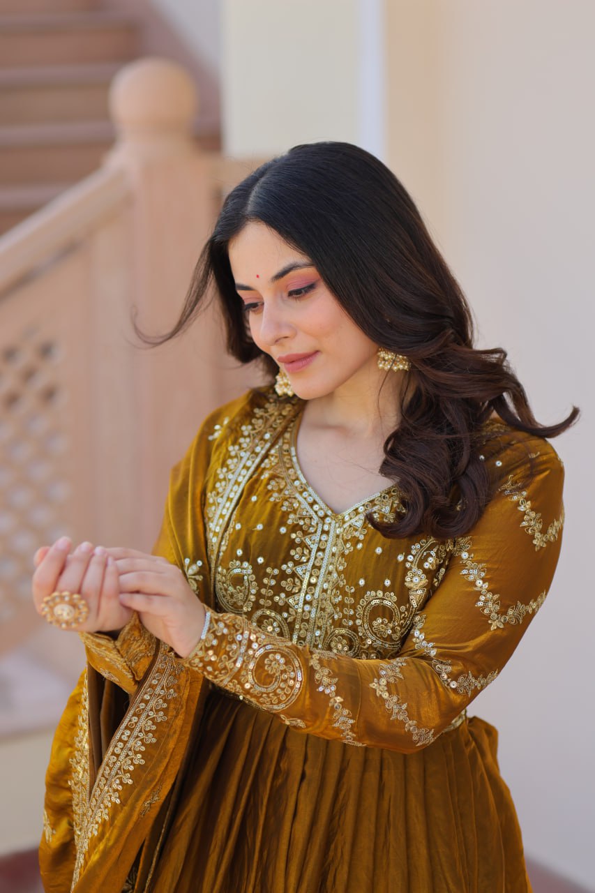Olive Green Hand-Embroidered Anarkali Set with Mirror Work Dupatta