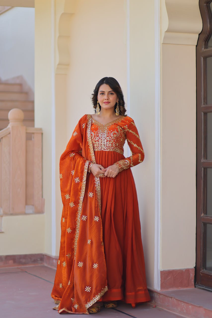 Saffron Orange Embroidered Anarkali Set with Mirror Work Dupatta