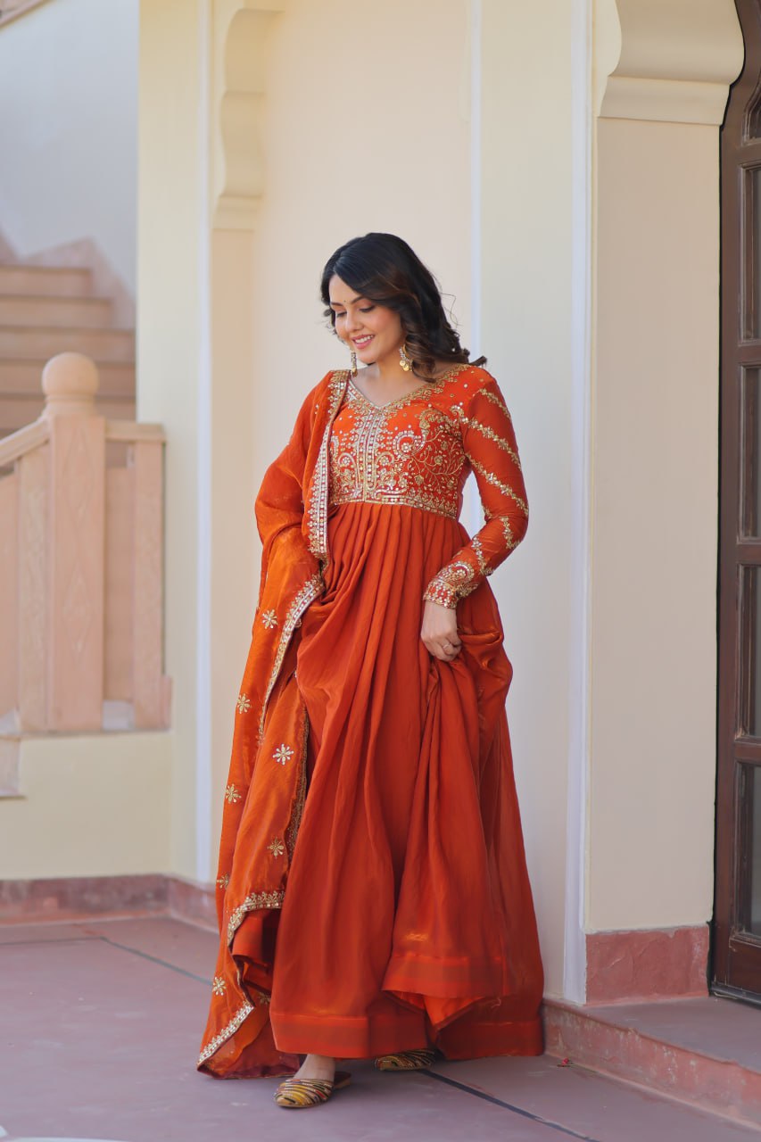 Saffron Orange Embroidered Anarkali Set with Mirror Work Dupatta