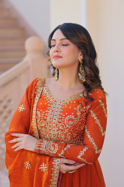 Saffron Orange Embroidered Anarkali Set with Mirror Work Dupatta