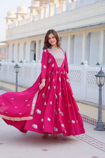 Royal Pink Mirror Work Anarkali Gown with Silver Elephant Motifs