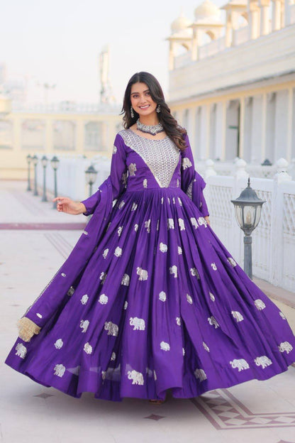 Royal Purple Mirror Work Anarkali Gown with Silver Elephant Motifs