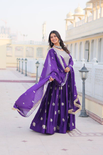Royal Purple Mirror Work Anarkali Gown with Silver Elephant Motifs
