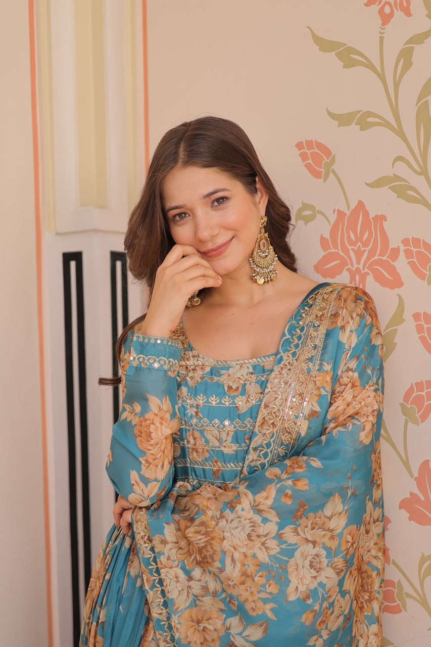 Teal Blue Floral Anarkali with Mirror Work and Zari Border