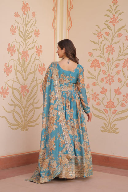 Teal Blue Floral Anarkali with Mirror Work and Zari Border