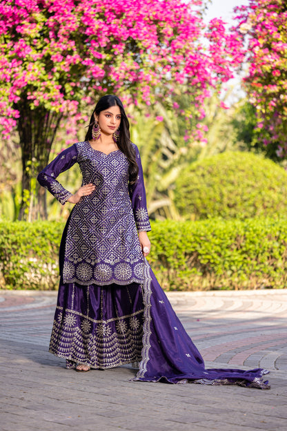 Royal Purple Embroidered Sharara Suit with Dupatta
