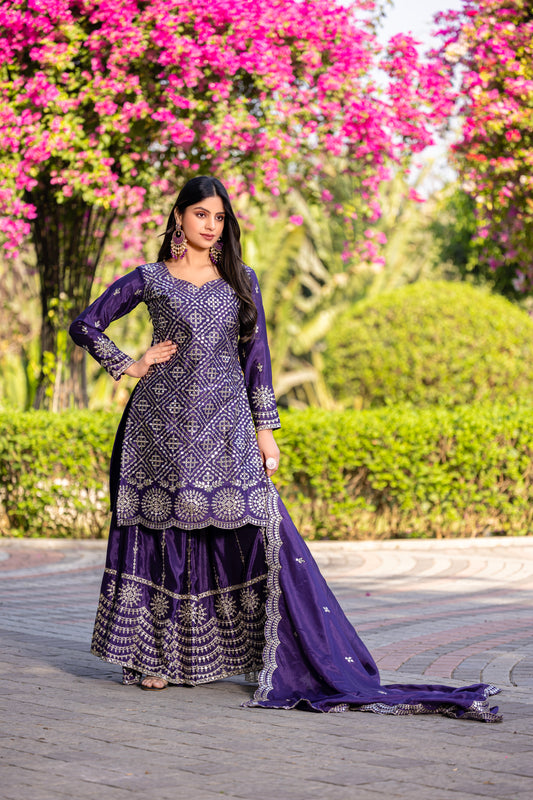 Royal Purple Embroidered Sharara Suit with Dupatta