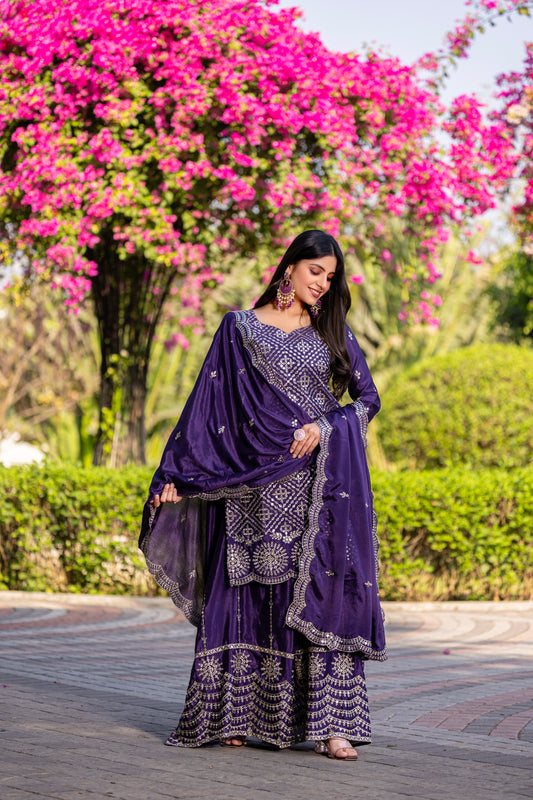 Royal Purple Embroidered Sharara Suit with Dupatta
