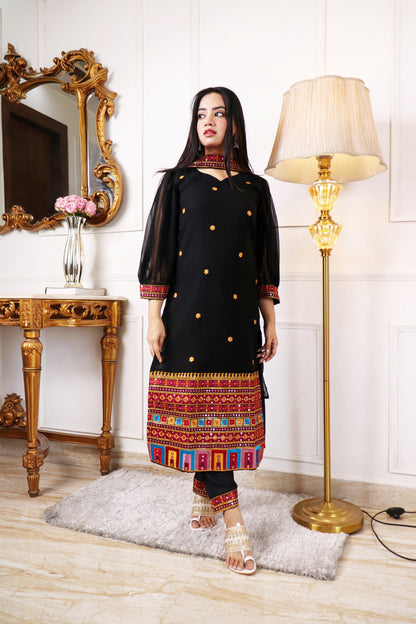WOMEN BLACK COLOUR HANDWORK KURTA SETS