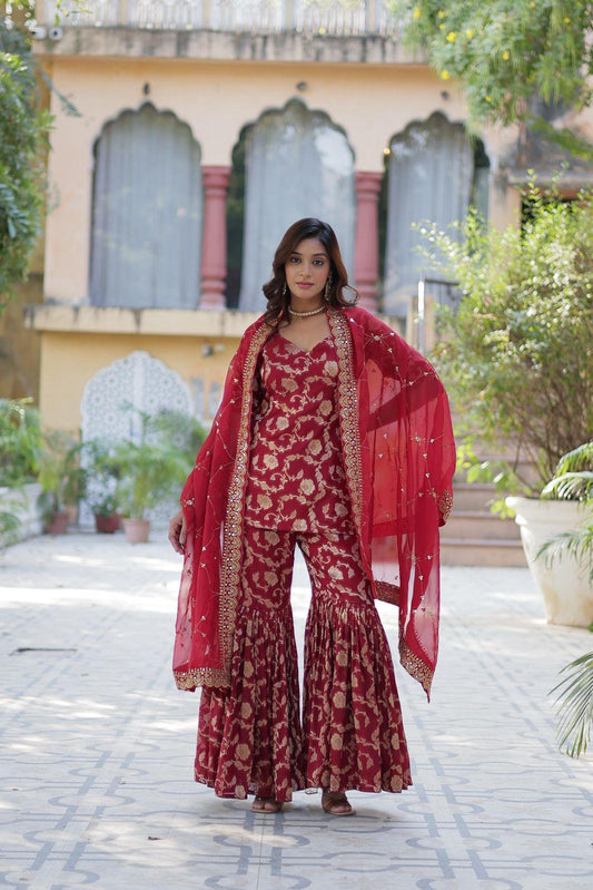 Rose Gold Red Sharara Set