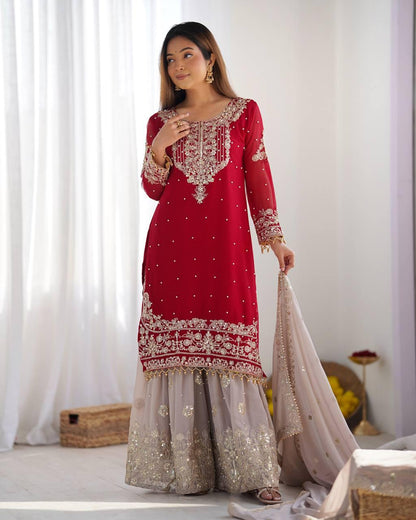 Elegant Red Embroidered Kurta with Net Sharara and Dupatta