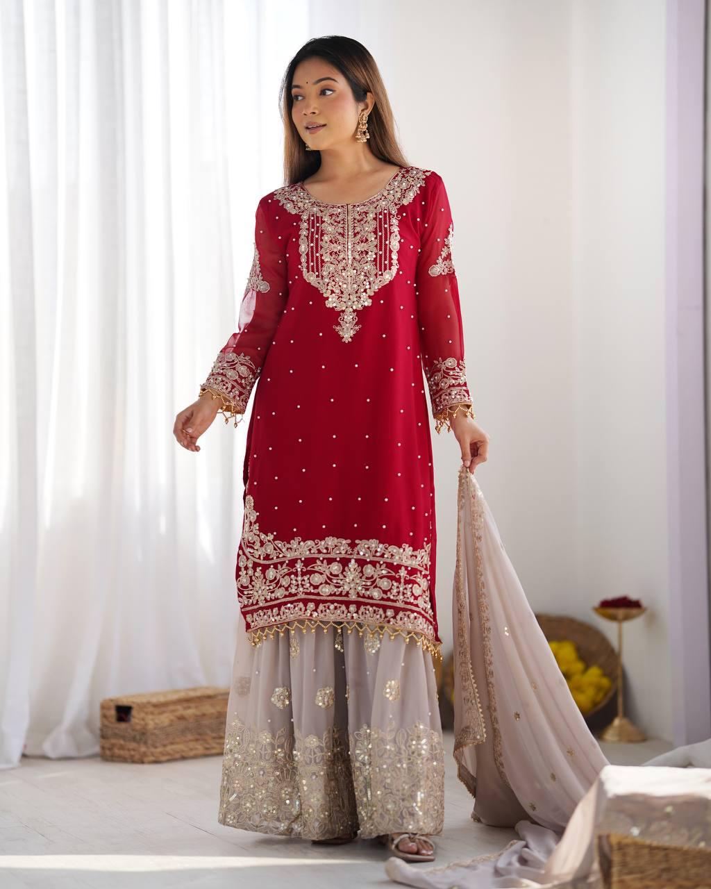 Elegant Red Embroidered Kurta with Net Sharara and Dupatta