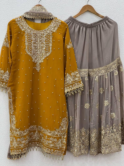Mustard Yellow Embroidered Kurta with Net Sharara and Dupatta  Luxe Traditional Festive Wear Set