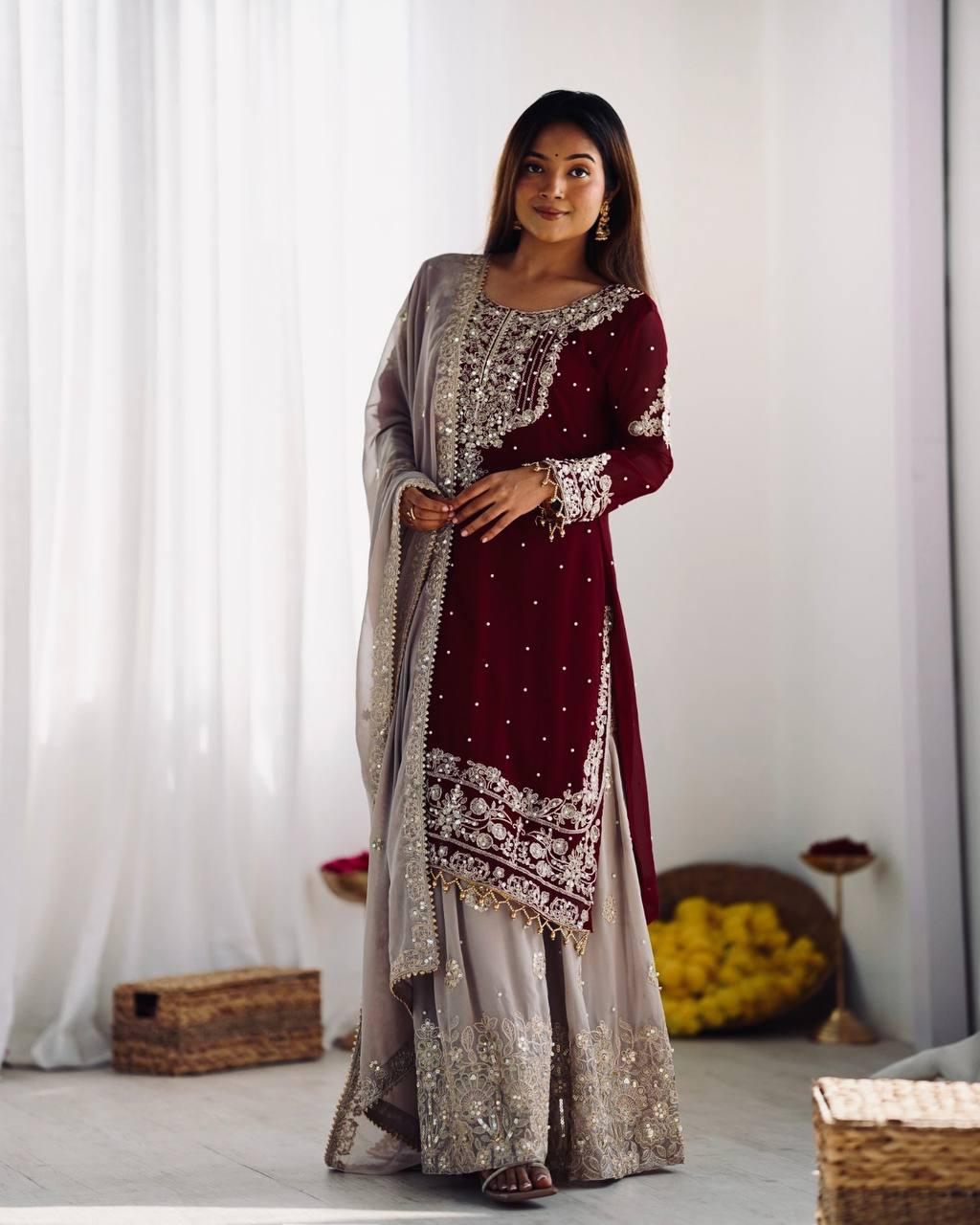 Deep Wine Embroidered Kurta with Stone-Embellished Sharara and Net Dupatta