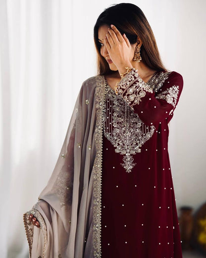 Deep Wine Embroidered Kurta with Stone-Embellished Sharara and Net Dupatta