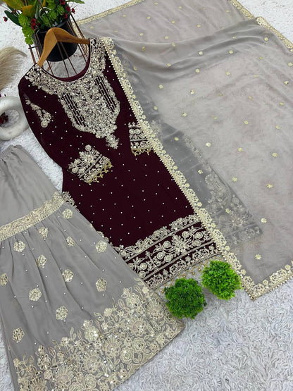 Deep Wine Embroidered Kurta with Stone-Embellished Sharara and Net Dupatta