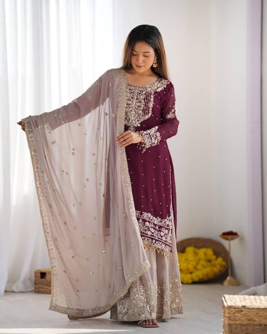 Plum Purple Embroidered Kurta with Net Sharara and Dupatta