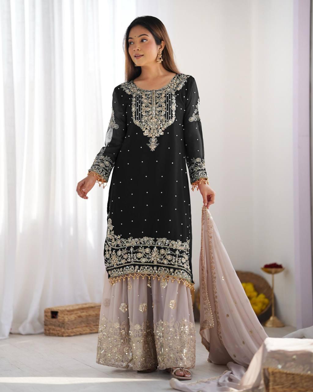 Midnight Black Embroidered Kurta with Stone Work Sharara and Sheer Dupatta