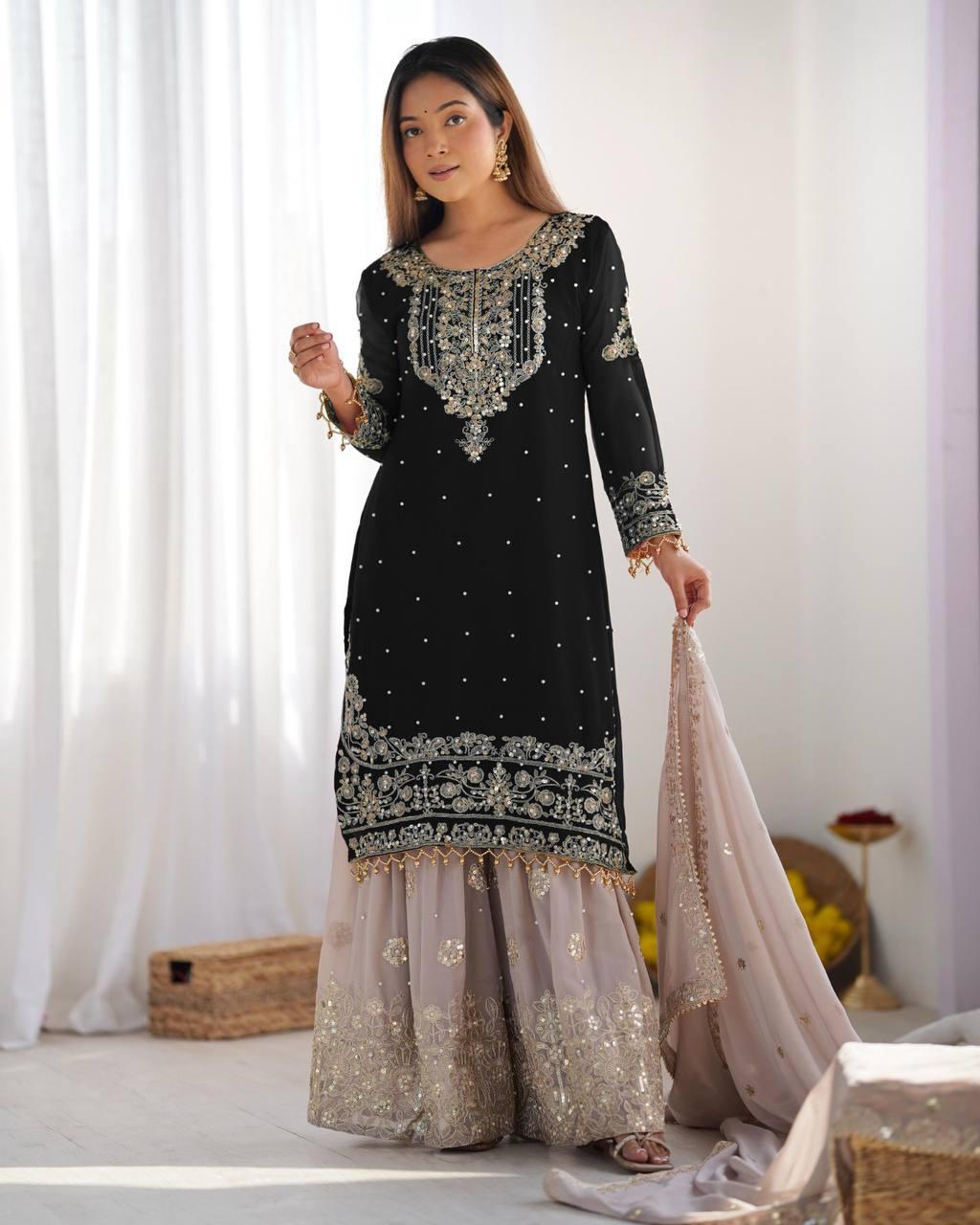 Midnight Black Embroidered Kurta with Stone Work Sharara and Sheer Dupatta