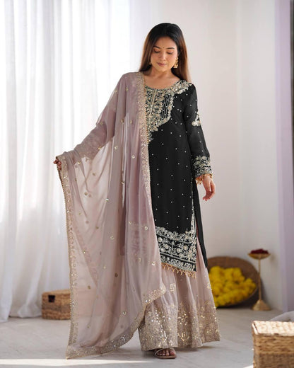 Midnight Black Embroidered Kurta with Stone Work Sharara and Sheer Dupatta