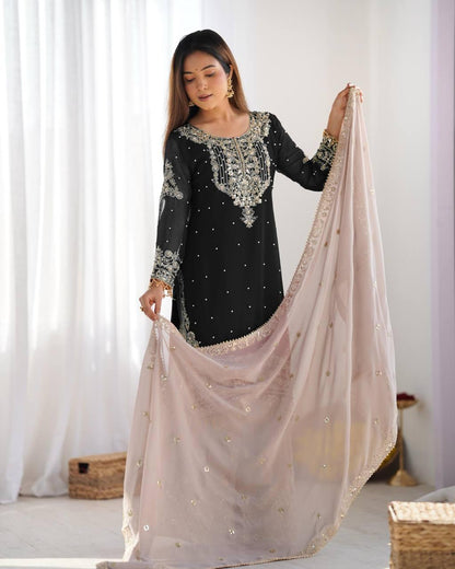 Midnight Black Embroidered Kurta with Stone Work Sharara and Sheer Dupatta