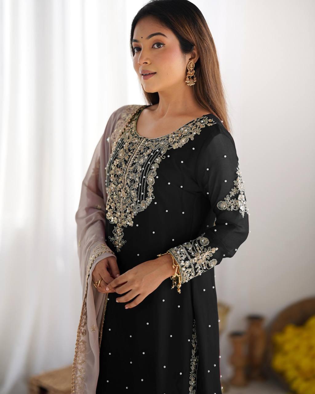 Midnight Black Embroidered Kurta with Stone Work Sharara and Sheer Dupatta