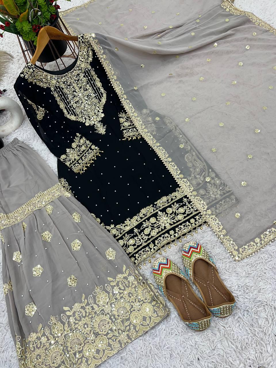 Midnight Black Embroidered Kurta with Stone Work Sharara and Sheer Dupatta