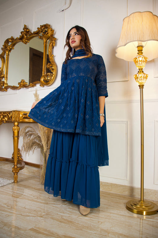 Women navy blue colour sequence work sarara set