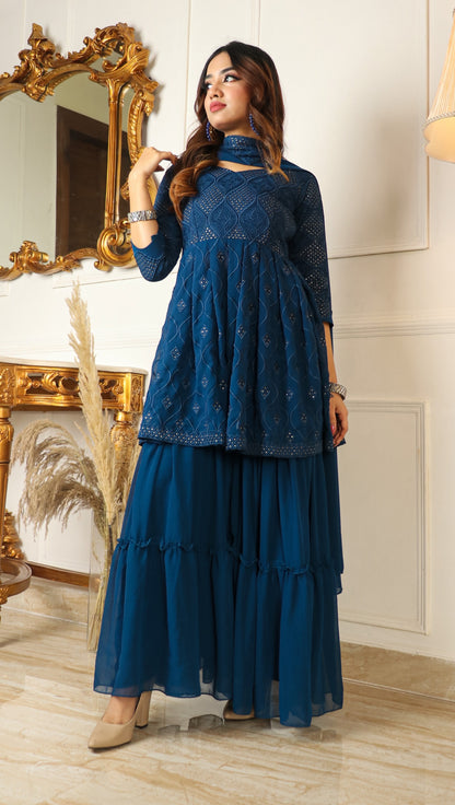 Women navy blue colour sequence work sarara set