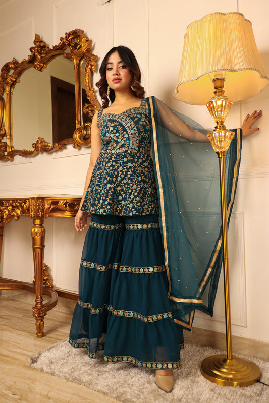 Women rama colour embroidery work sarara set