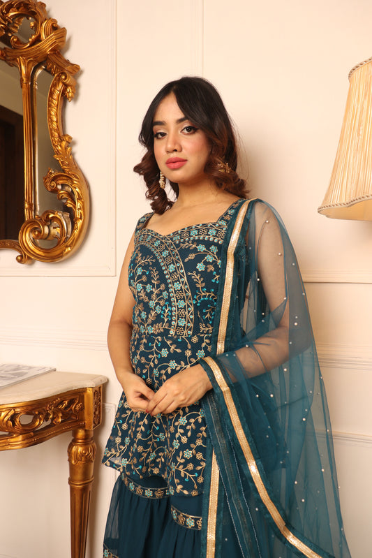 Women rama colour embroidery work sarara set