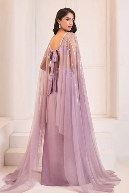 Purple Sequins, Cut Work Draped Dhoti Skirt With Embroidered Blouse