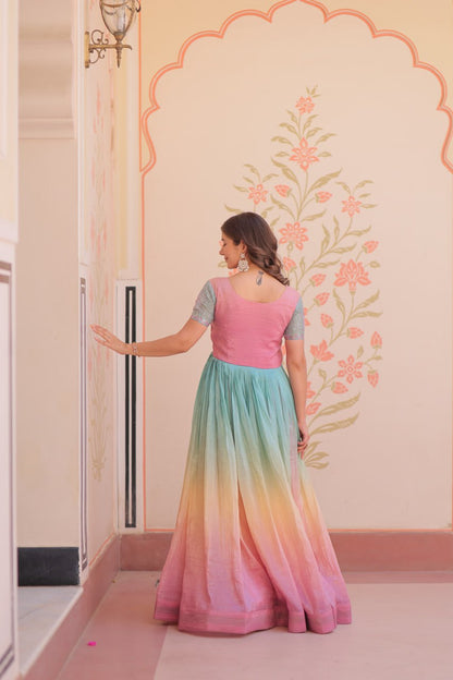Elegant Ombre Anarkali Gown with Sequin Pink Bodice and Multicolor Flowing Skirt