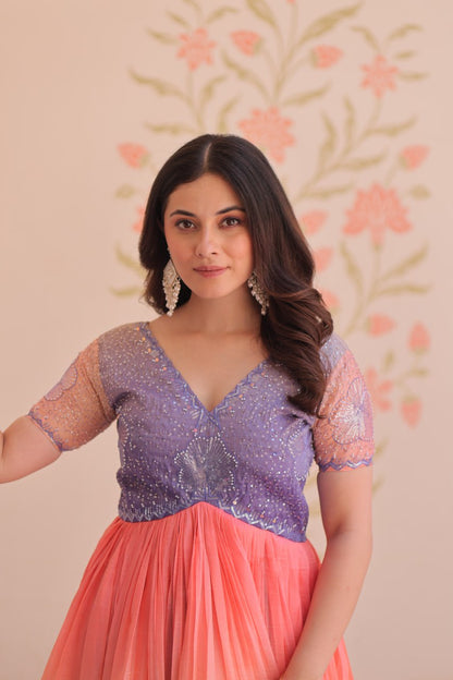 Elegant Ombre Anarkali Gown with Sequin Pink Bodice and Multicolor Flowing Skirt